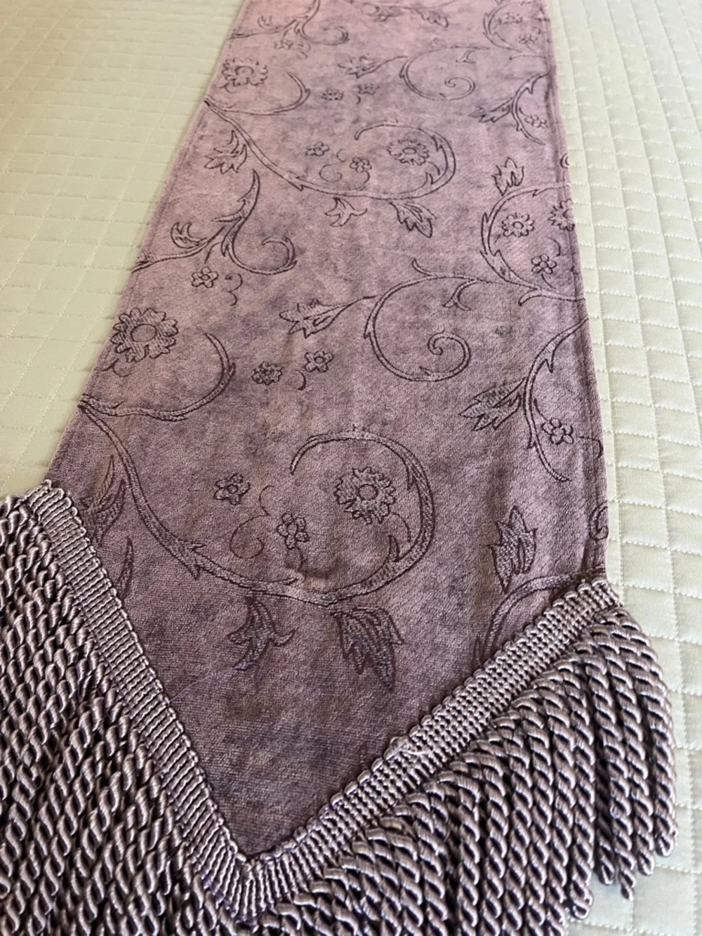 Mauve Floral Velvet Table Runner with Twisted Fringe